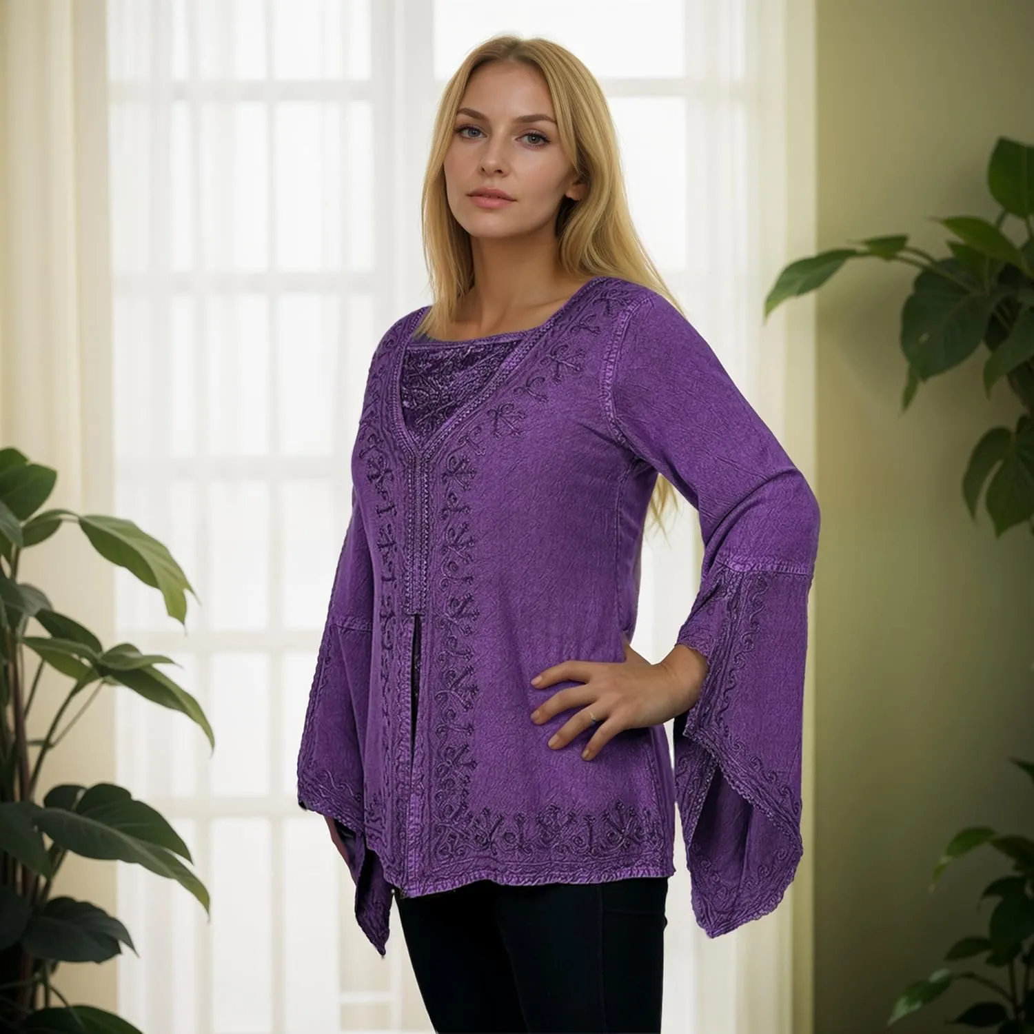 Agan Traders Women’s 2025 Summer Long Bell Sleeve Embroidered Blouse - Elegant Tunic Bohemian Dress Tops for Women