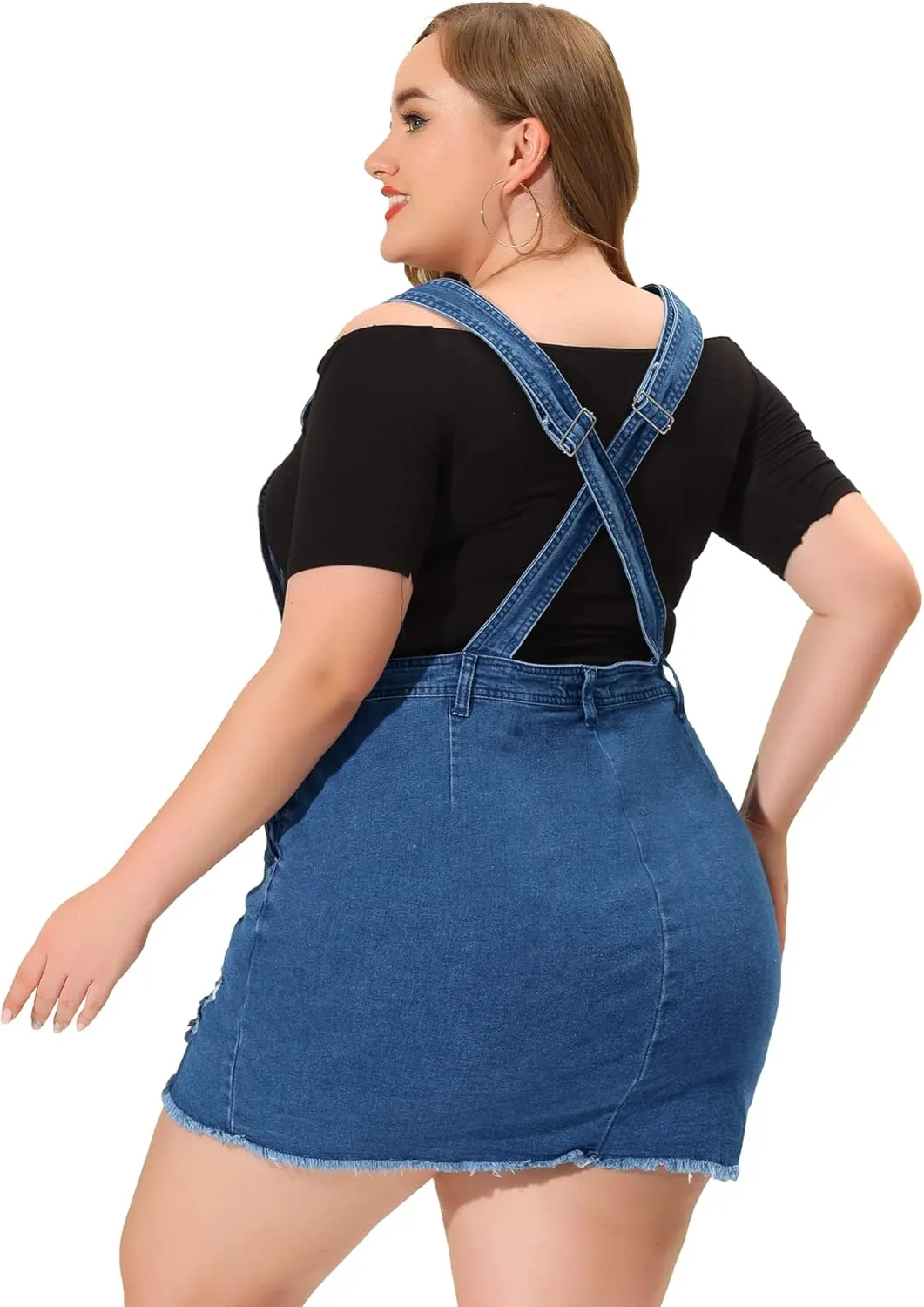 Agnes Orinda Women Plus Size Denim Overall Dress Adjustable Strap Distressed Casual Denim Suspender Skirts