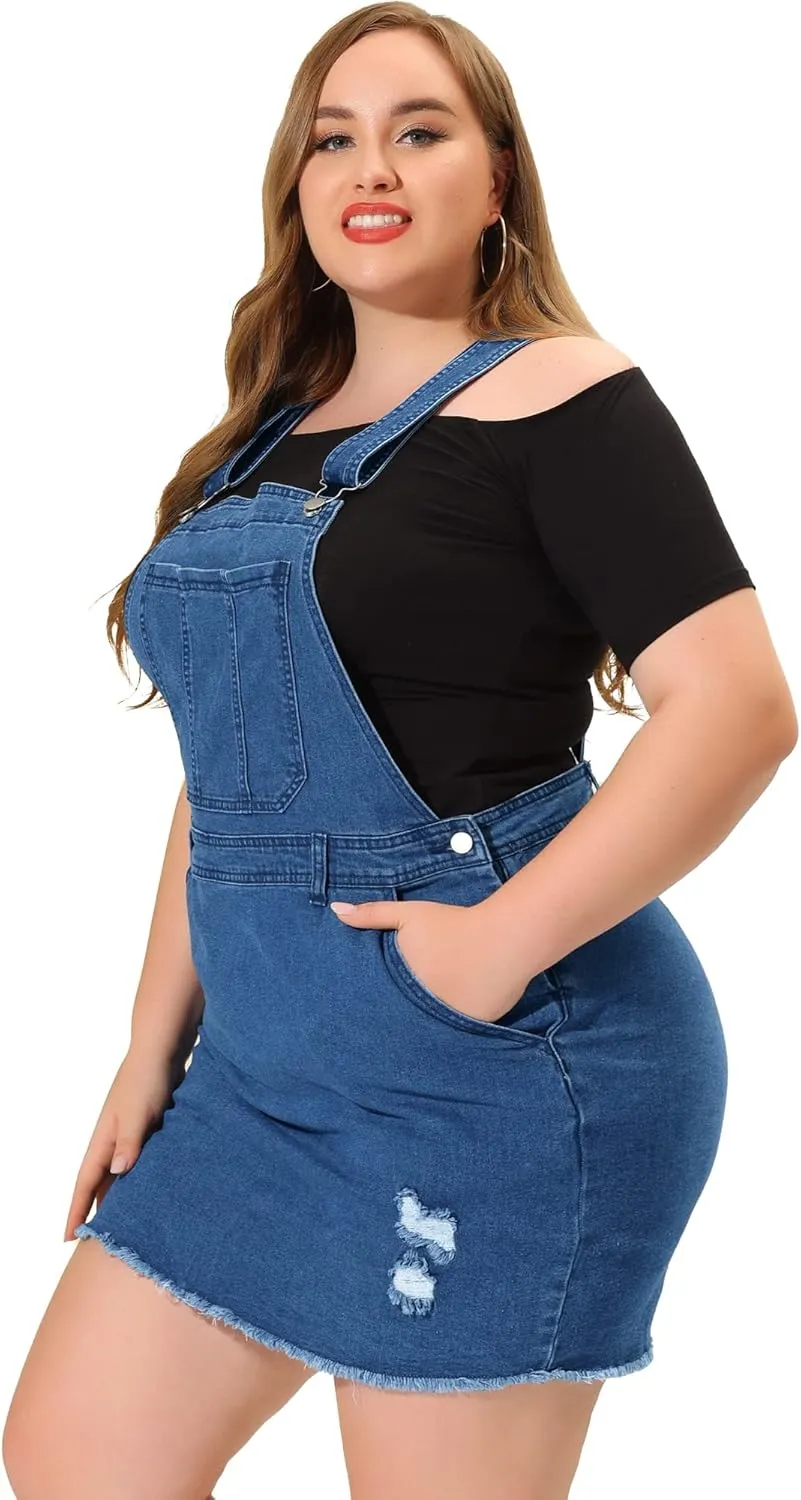 Agnes Orinda Women Plus Size Denim Overall Dress Adjustable Strap Distressed Casual Denim Suspender Skirts