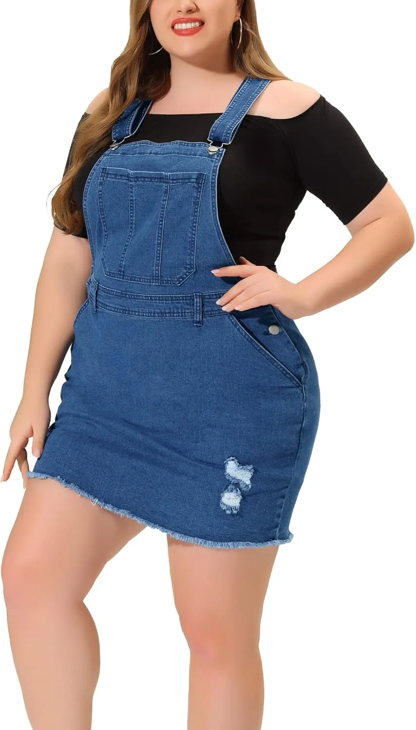 Agnes Orinda Women Plus Size Denim Overall Dress Adjustable Strap Distressed Casual Denim Suspender Skirts