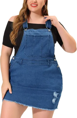 Agnes Orinda Women Plus Size Denim Overall Dress Adjustable Strap Distressed Casual Denim Suspender Skirts