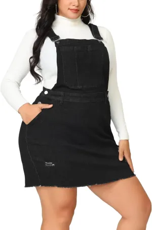 Agnes Orinda Women Plus Size Denim Overall Dress Adjustable Strap Distressed Casual Denim Suspender Skirts