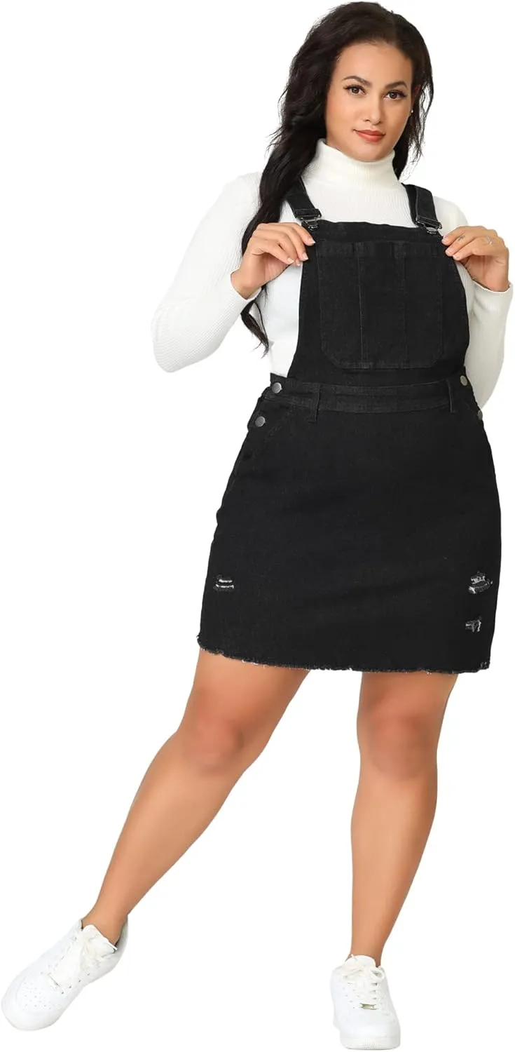 Agnes Orinda Women Plus Size Denim Overall Dress Adjustable Strap Distressed Casual Denim Suspender Skirts