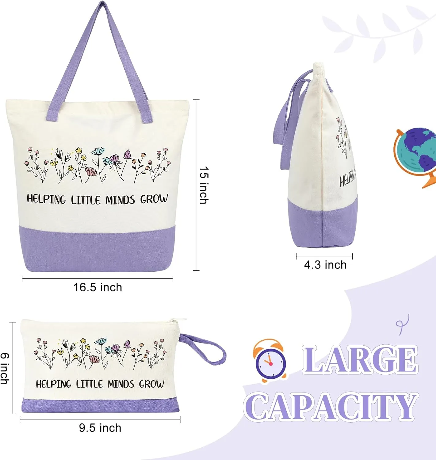 Aileam 2 Pcs Teacher Appreciation Gift Set Canvas Tote Bag Makeup Bag Thank You Teacher Gift Graduation Christmas Reusable Beach Shopping Purple