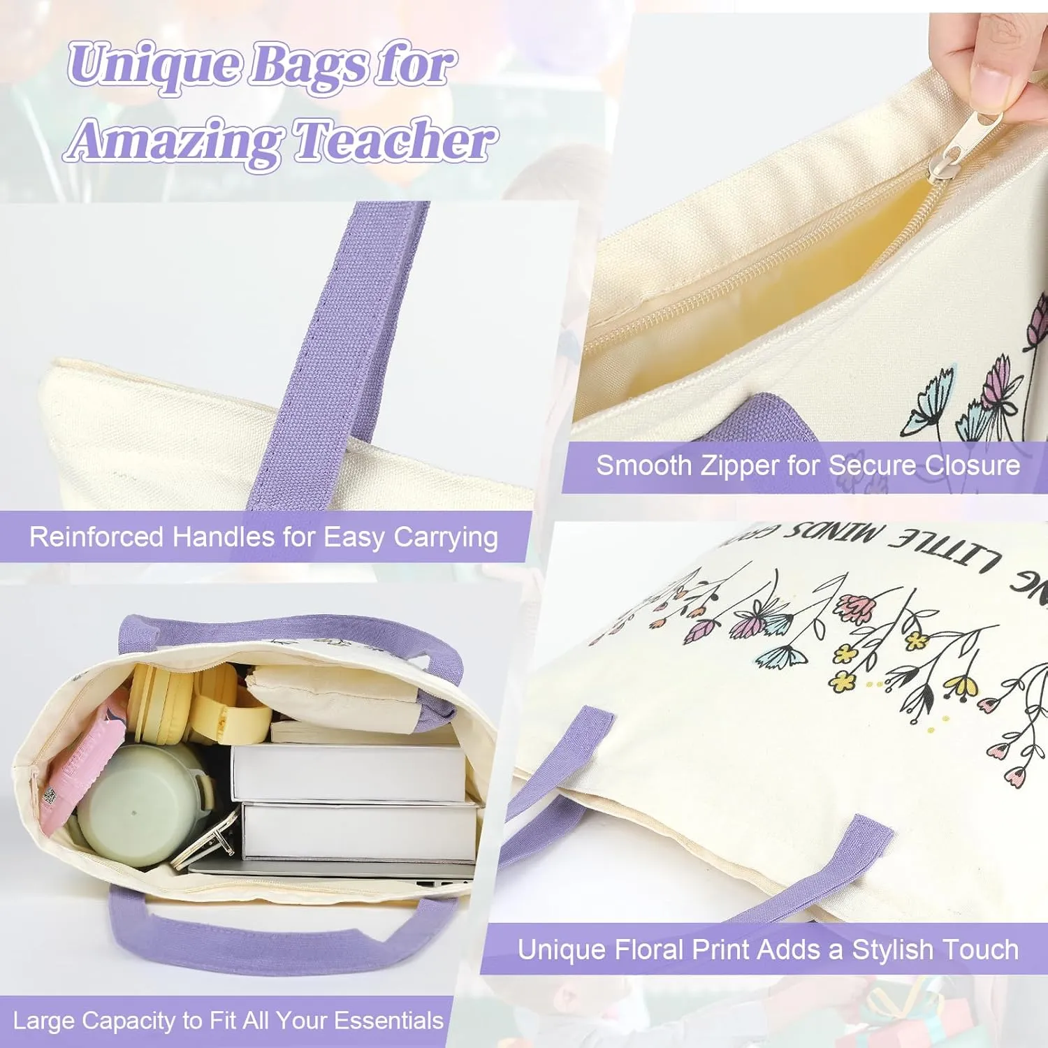 Aileam 2 Pcs Teacher Appreciation Gift Set Canvas Tote Bag Makeup Bag Thank You Teacher Gift Graduation Christmas Reusable Beach Shopping Purple