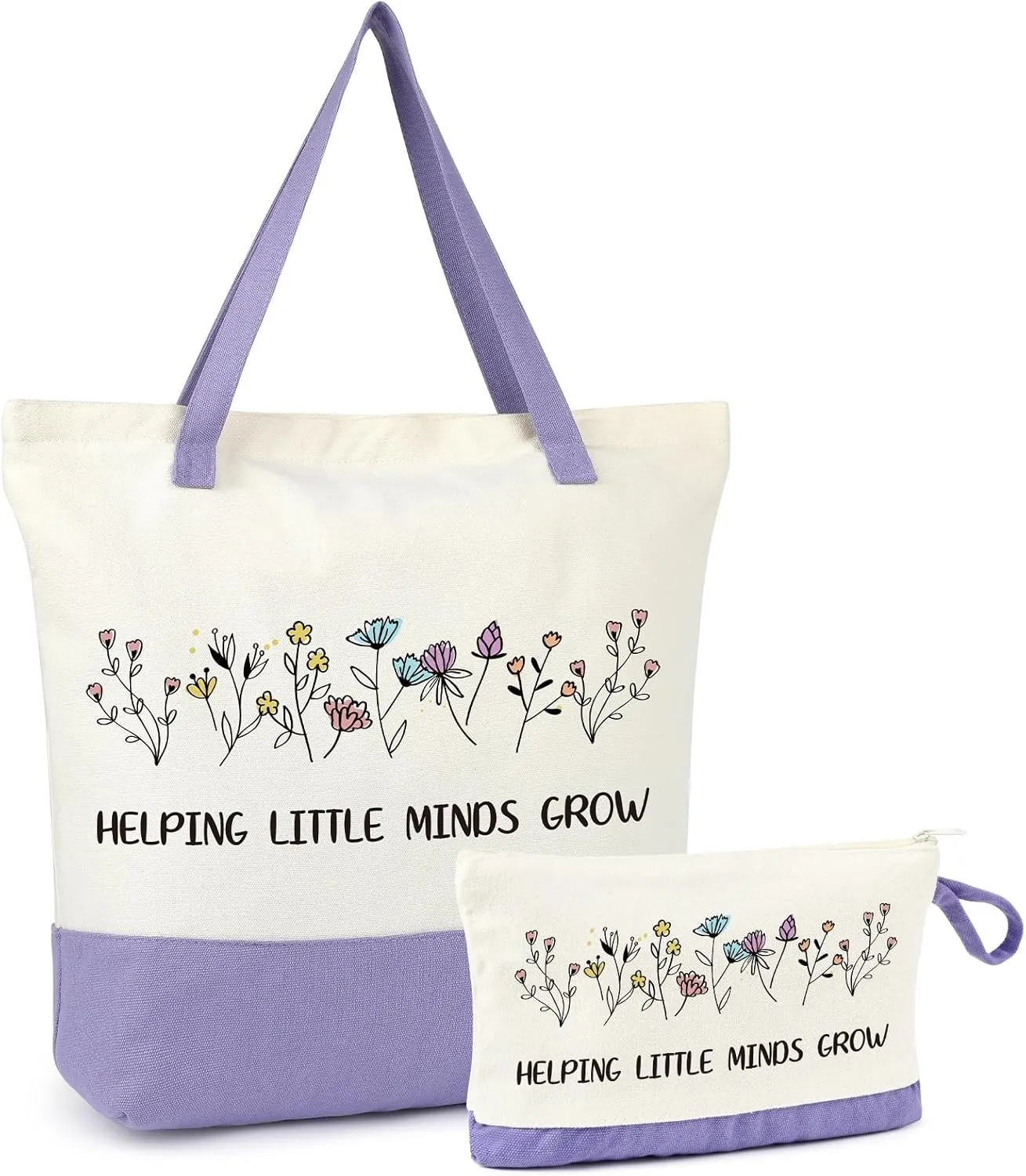 Aileam 2 Pcs Teacher Appreciation Gift Set Canvas Tote Bag Makeup Bag Thank You Teacher Gift Graduation Christmas Reusable Beach Shopping Purple