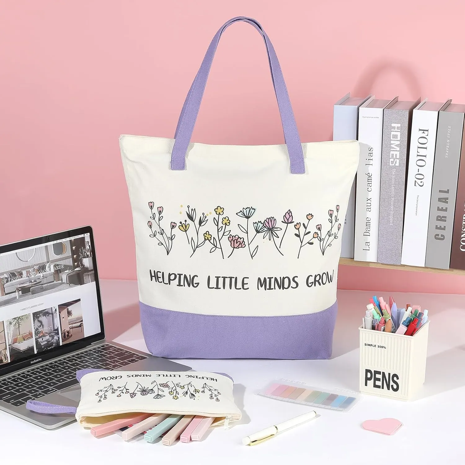 Aileam 2 Pcs Teacher Appreciation Gift Set Canvas Tote Bag Makeup Bag Thank You Teacher Gift Graduation Christmas Reusable Beach Shopping Purple