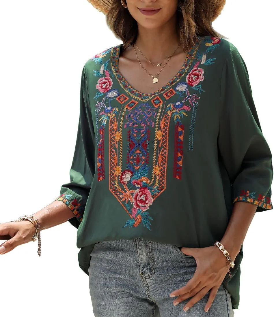 AK Embroidered Tops for Women 3/4 Sleeve Peasant Blouse Mexican Shirts V Neck Traditional Tunic Casual Tops