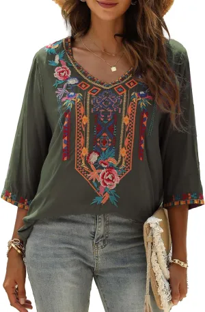 AK Embroidered Tops for Women 3/4 Sleeve Peasant Blouse Mexican Shirts V Neck Traditional Tunic Casual Tops