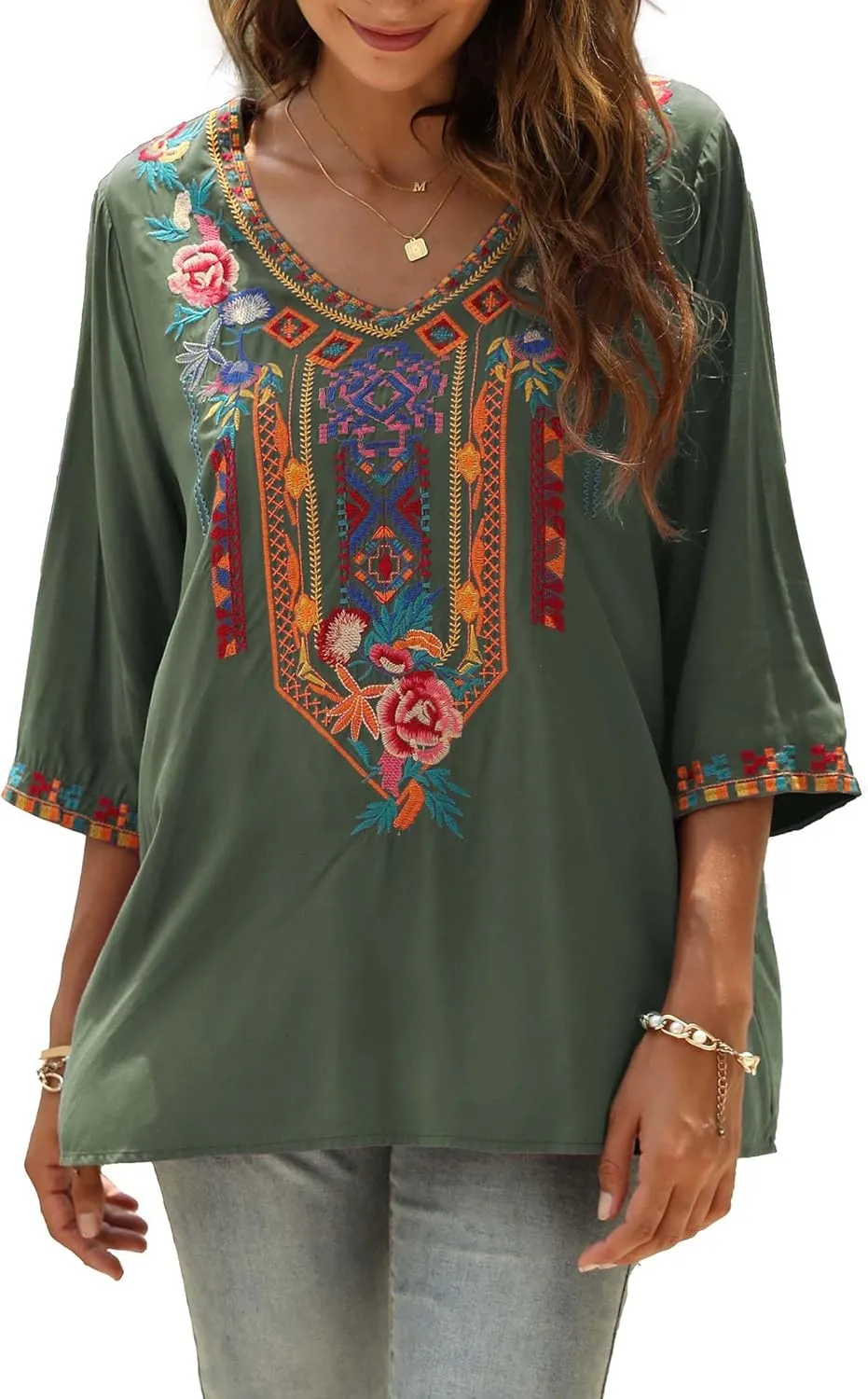 AK Embroidered Tops for Women 3/4 Sleeve Peasant Blouse Mexican Shirts V Neck Traditional Tunic Casual Tops