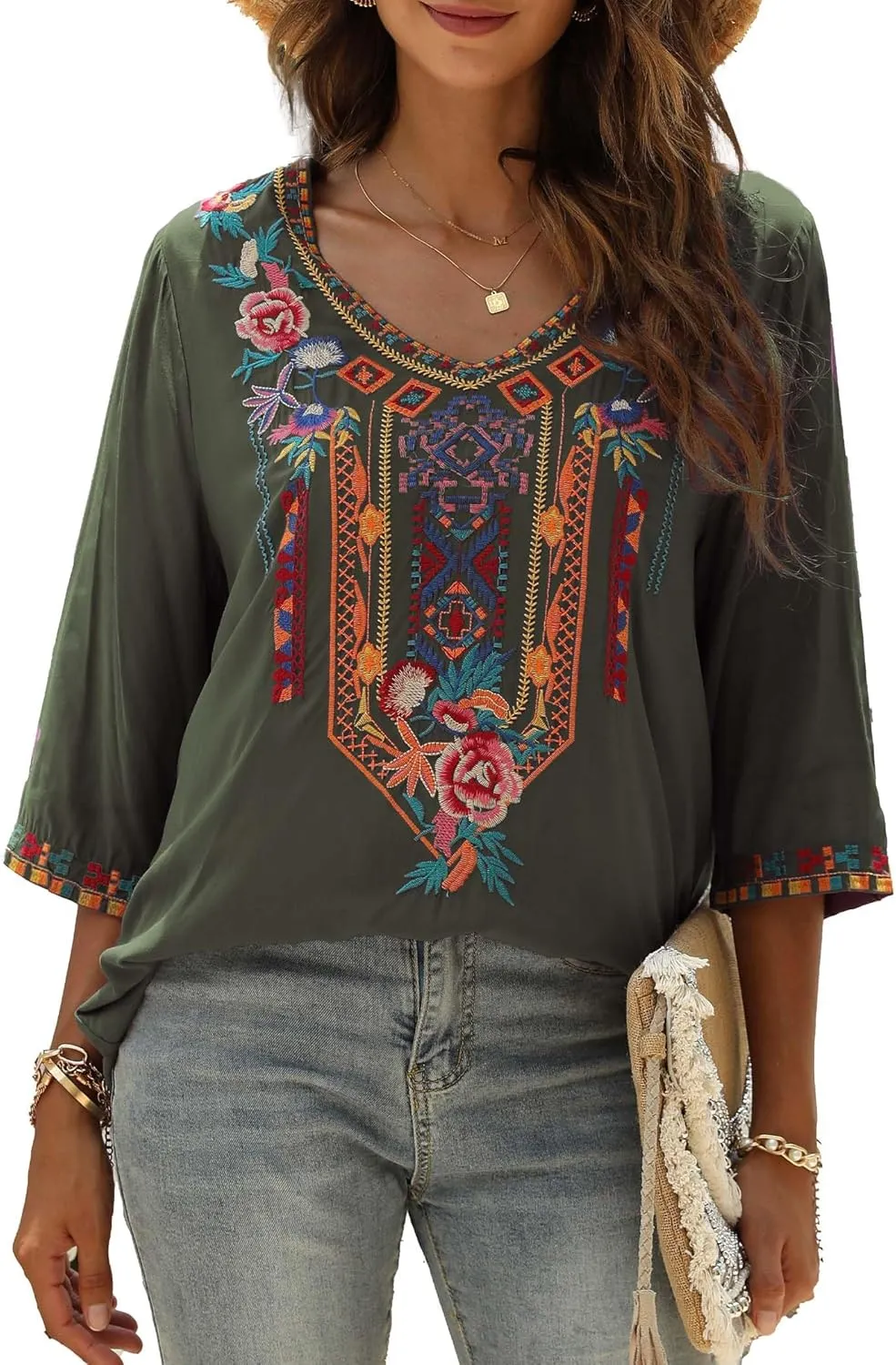 AK Embroidered Tops for Women 3/4 Sleeve Peasant Blouse Mexican Shirts V Neck Traditional Tunic Casual Tops