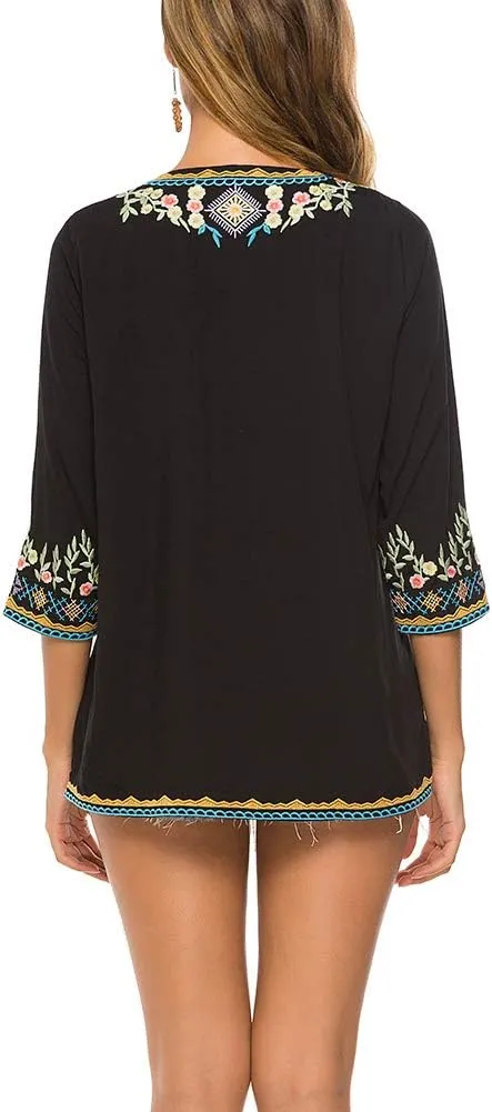 AK Women's Embroidered Tops 3/4 Sleeve Traditional Mexican Shirts for Women V Neck Peasant Tunic Blouses