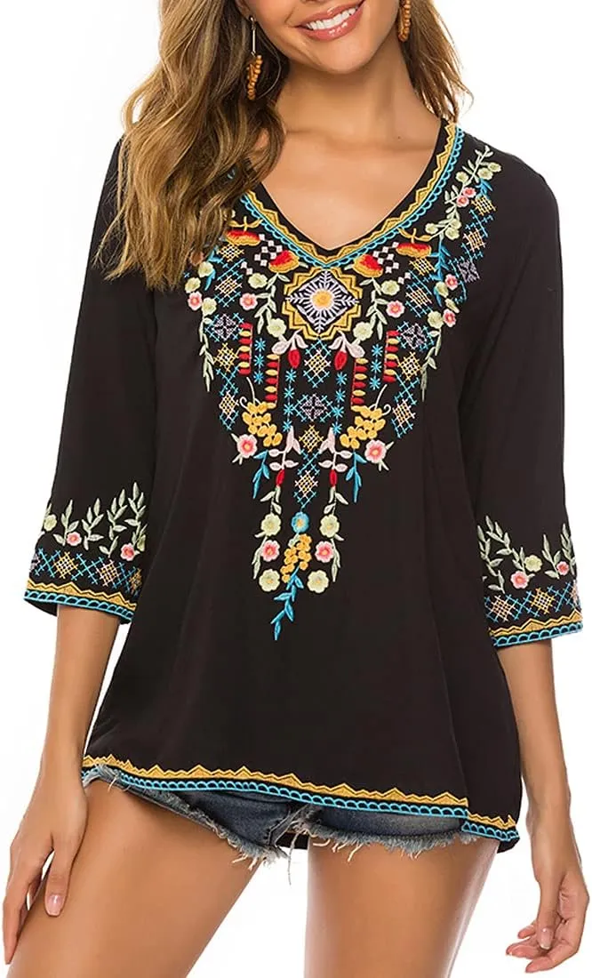 AK Women's Embroidered Tops 3/4 Sleeve Traditional Mexican Shirts for Women V Neck Peasant Tunic Blouses