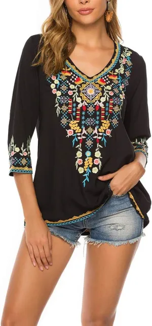 AK Women's Embroidered Tops 3/4 Sleeve Traditional Mexican Shirts for Women V Neck Peasant Tunic Blouses