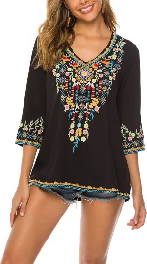 AK Women's Embroidered Tops 3/4 Sleeve Traditional Mexican Shirts for Women V Neck Peasant Tunic Blouses