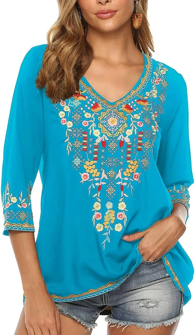 AK Women's Embroidered Tops 3/4 Sleeve Traditional Mexican Shirts for Women V Neck Peasant Tunic Blouses