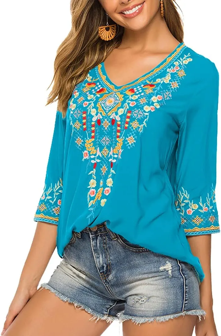 AK Women's Embroidered Tops 3/4 Sleeve Traditional Mexican Shirts for Women V Neck Peasant Tunic Blouses