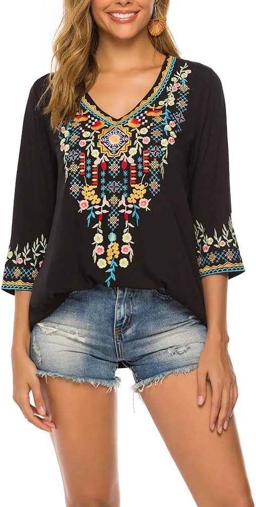 AK Women's Embroidered Tops 3/4 Sleeve Traditional Mexican Shirts for Women V Neck Peasant Tunic Blouses
