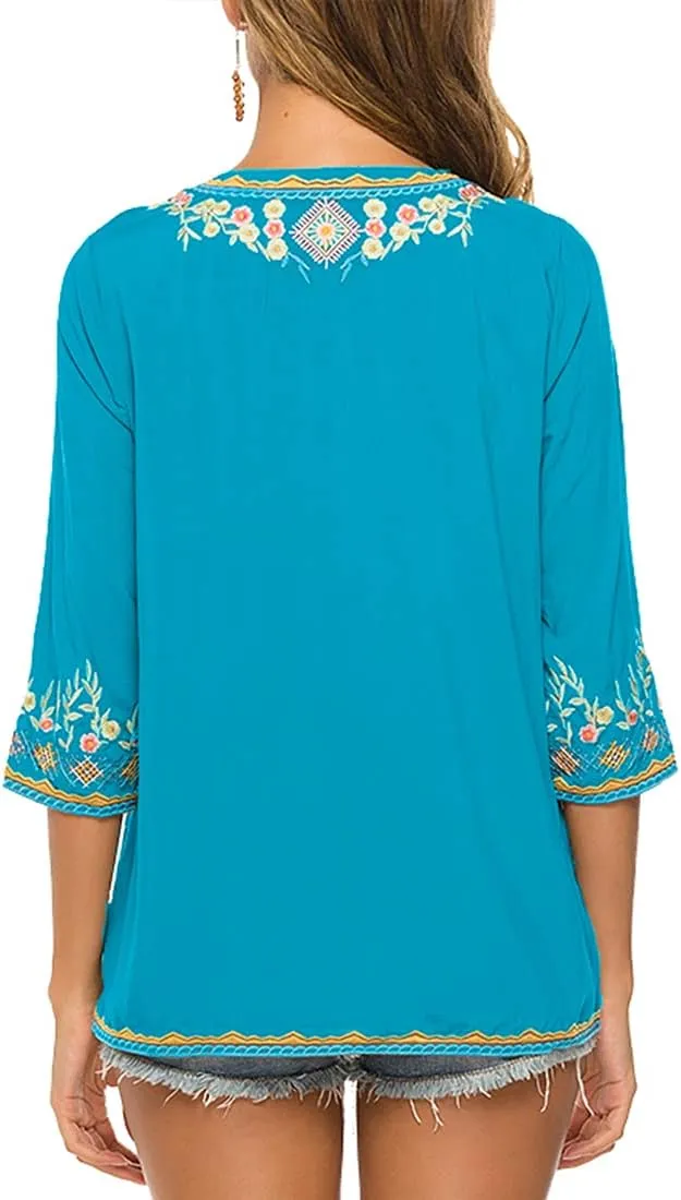 AK Women's Embroidered Tops 3/4 Sleeve Traditional Mexican Shirts for Women V Neck Peasant Tunic Blouses