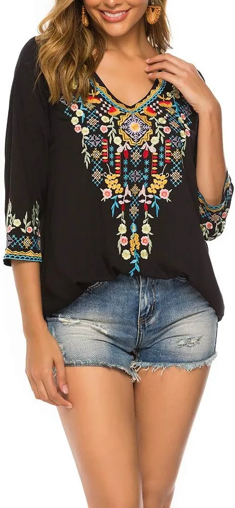 AK Women's Embroidered Tops 3/4 Sleeve Traditional Mexican Shirts for Women V Neck Peasant Tunic Blouses