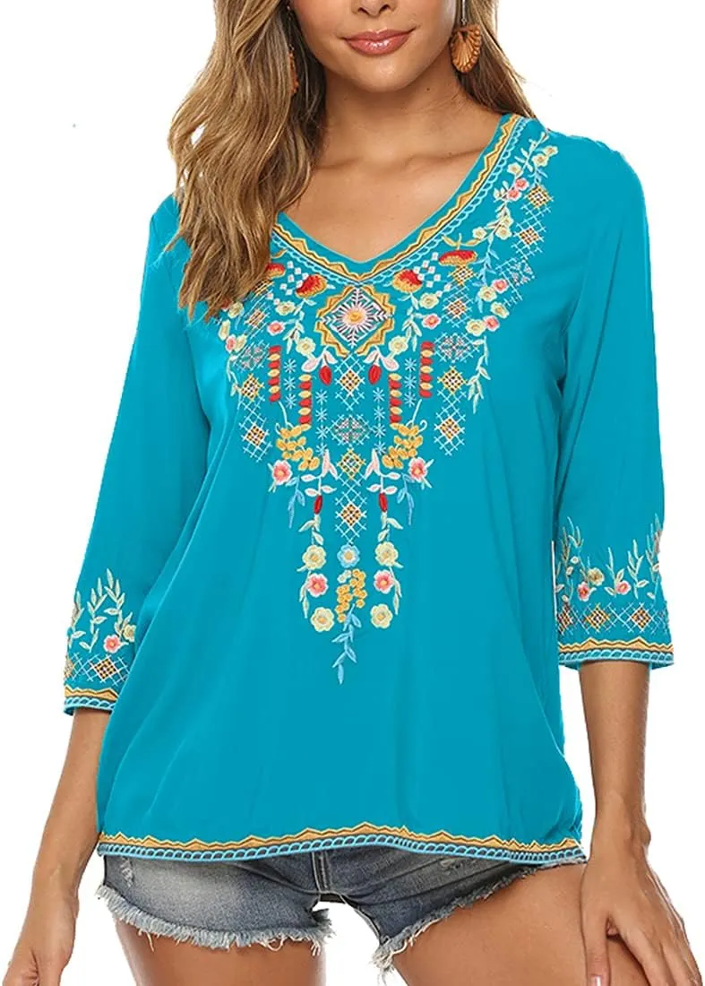 AK Women's Embroidered Tops 3/4 Sleeve Traditional Mexican Shirts for Women V Neck Peasant Tunic Blouses
