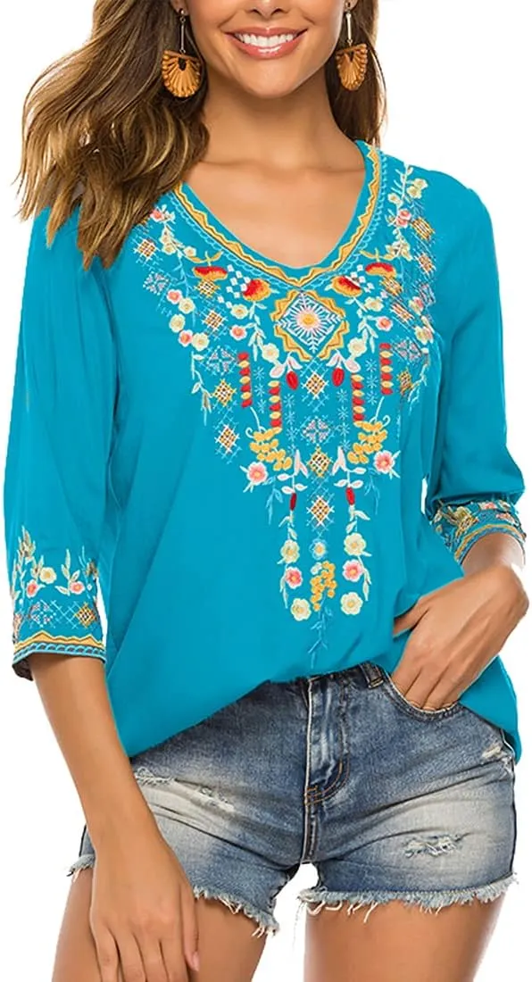 AK Women's Embroidered Tops 3/4 Sleeve Traditional Mexican Shirts for Women V Neck Peasant Tunic Blouses