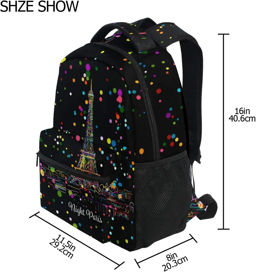 ALAZA Night Paris Eifel Tower Colorful Polka Dot Stylish Large Backpack Personalized Laptop iPad Tablet Travel School Bag with Multiple Pockets for Men Women College