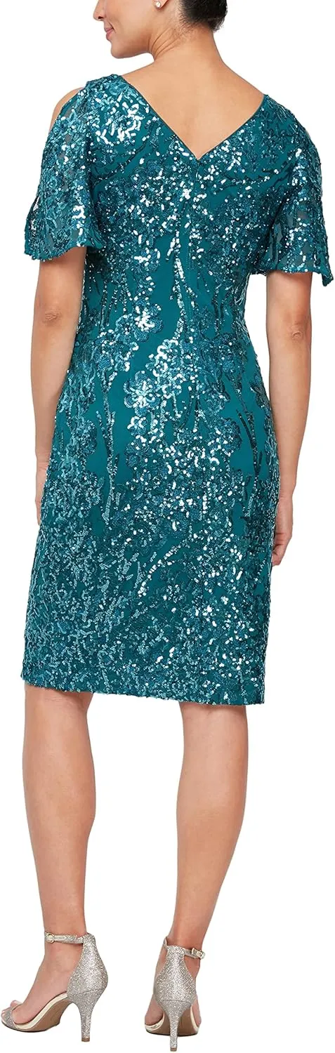 Alex Evenings Women's Short Cold Shoulder Flutter Sleeve Dress (Petite Regular)