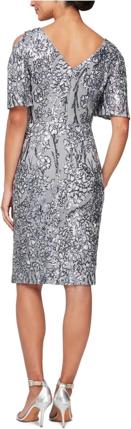 Alex Evenings Women's Short Cold Shoulder Flutter Sleeve Dress (Petite Regular)