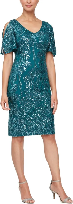 Alex Evenings Women's Short Cold Shoulder Flutter Sleeve Dress (Petite Regular)