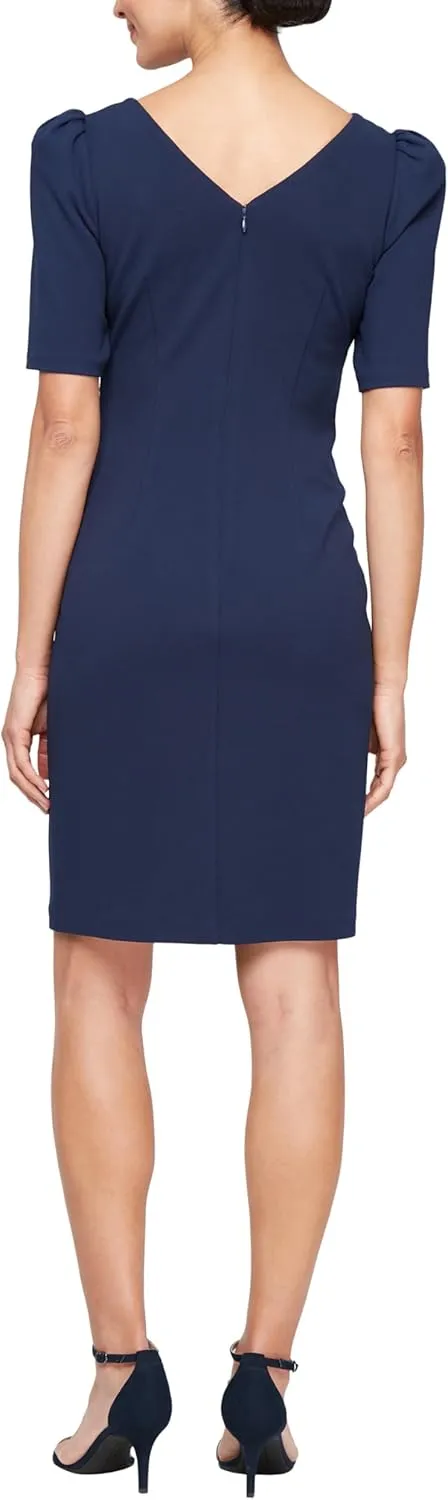 Alex Evenings Women's Short Stretch Crepe Sheath Cocktail Dress with Embellished Neckline and Puff Shoulder Elbow Sleeves