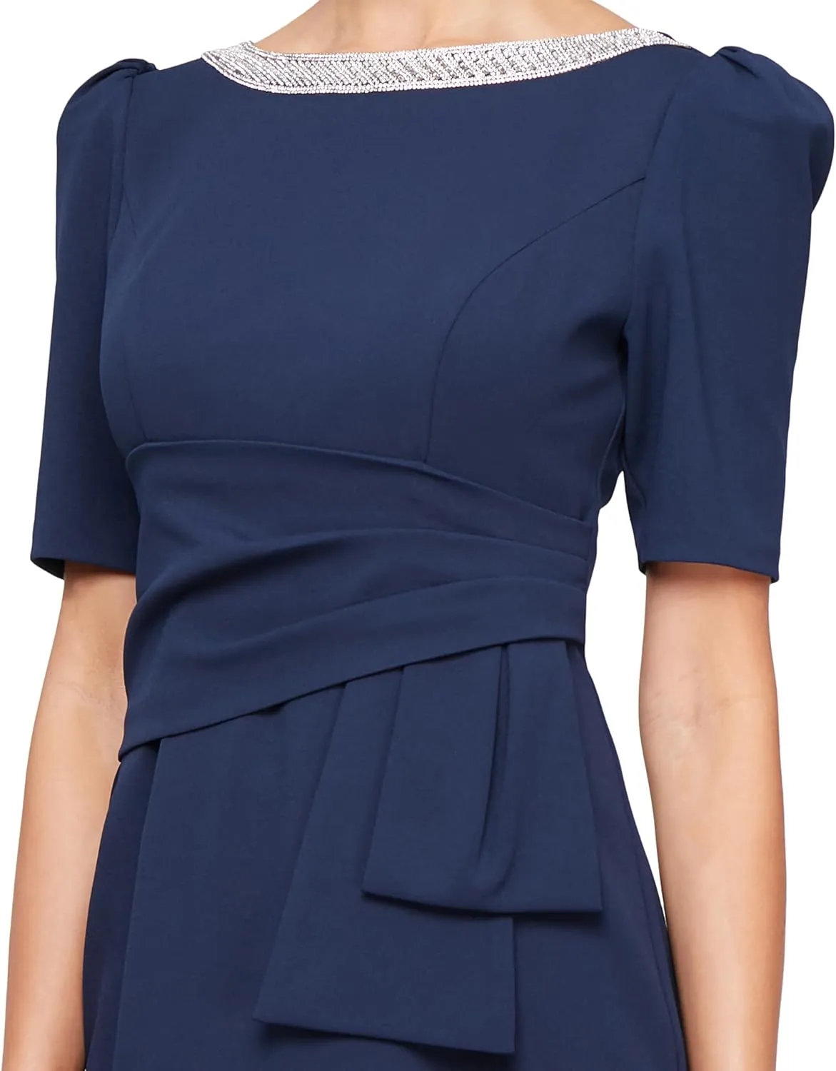 Alex Evenings Women's Short Stretch Crepe Sheath Cocktail Dress with Embellished Neckline and Puff Shoulder Elbow Sleeves