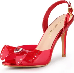 Allegra K Women's Cute Bow Rhinestone Crystal Embellished Peep Toe Slingback Stiletto Heels Sandals