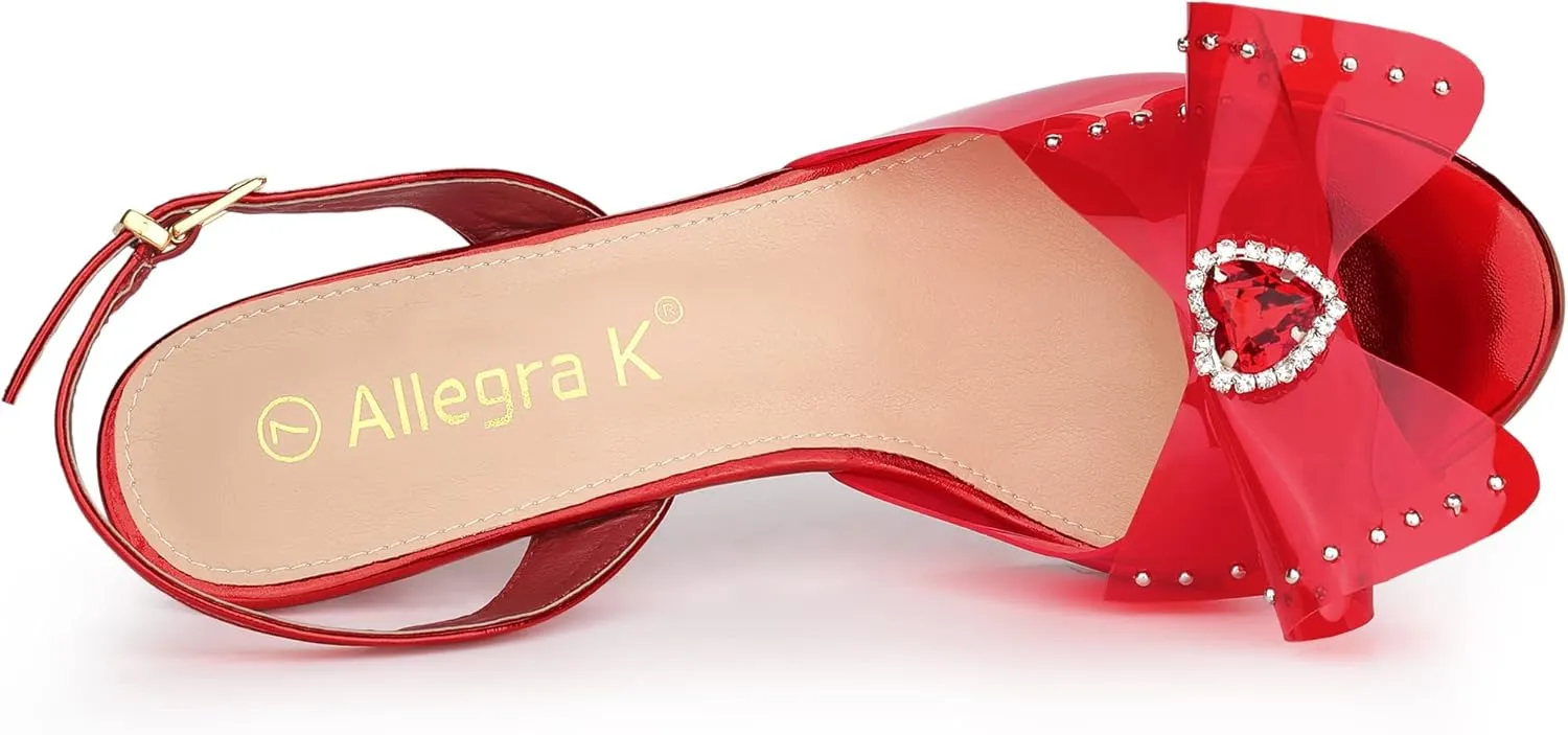 Allegra K Women's Cute Bow Rhinestone Crystal Embellished Peep Toe Slingback Stiletto Heels Sandals