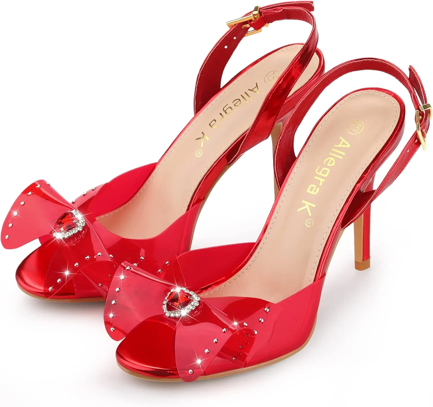 Allegra K Women's Cute Bow Rhinestone Crystal Embellished Peep Toe Slingback Stiletto Heels Sandals