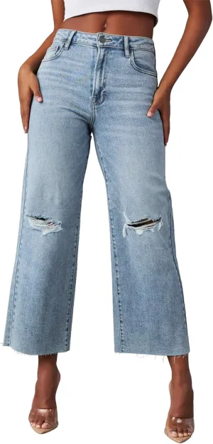 Allimy Women's High Waisted Straight Ankle Wide Leg Ripped Jeans Frayed Hem Stretchy Capri Denim Pants