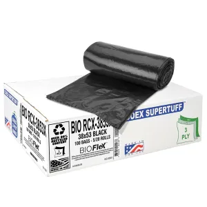 Aluf Plastics 44 Gallon Black Trash Bags (100 Count) With BioFlex Technology - 38" x 53" - 1.1 MIL Tough Garbage Bags