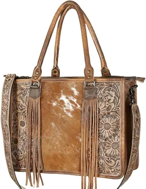 AMERICAN DARLING Large Leather Tote Handbag for Women | Adjustable Shoulder Strap | Fringes & YKK Zippers | Laptop, Office, School, Business, Travel | 100% Cowhide Leather (Tan, White | 12”Hx16”Wx6”D)