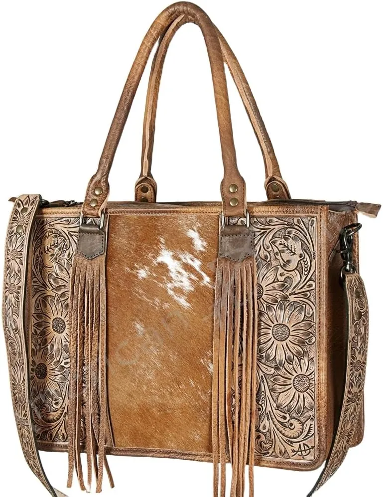 AMERICAN DARLING Large Leather Tote Handbag for Women | Adjustable Shoulder Strap | Fringes & YKK Zippers | Laptop, Office, School, Business, Travel | 100% Cowhide Leather (Tan, White | 12”Hx16”Wx6”D)