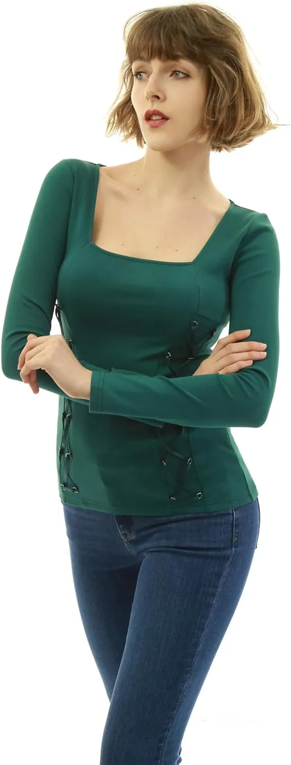 AmélieBoutik Women Square Neck Lace Up Embellished Blouse
