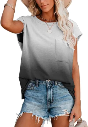 ANCAPELION Women’s Casual Summer Shirt Short Sleeve Round Neck T-Shirt Basic Tee Tunic Top Fit Loose with Pocket