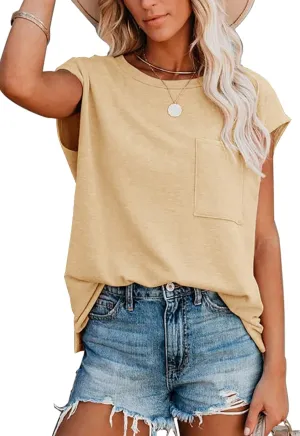 ANCAPELION Women’s Casual Summer Shirt Short Sleeve Round Neck T-Shirt Basic Tee Tunic Top Fit Loose with Pocket
