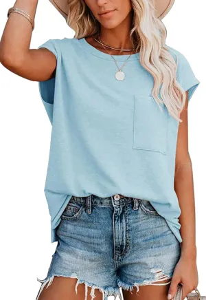ANCAPELION Women’s Casual Summer Shirt Short Sleeve Round Neck T-Shirt Basic Tee Tunic Top Fit Loose with Pocket