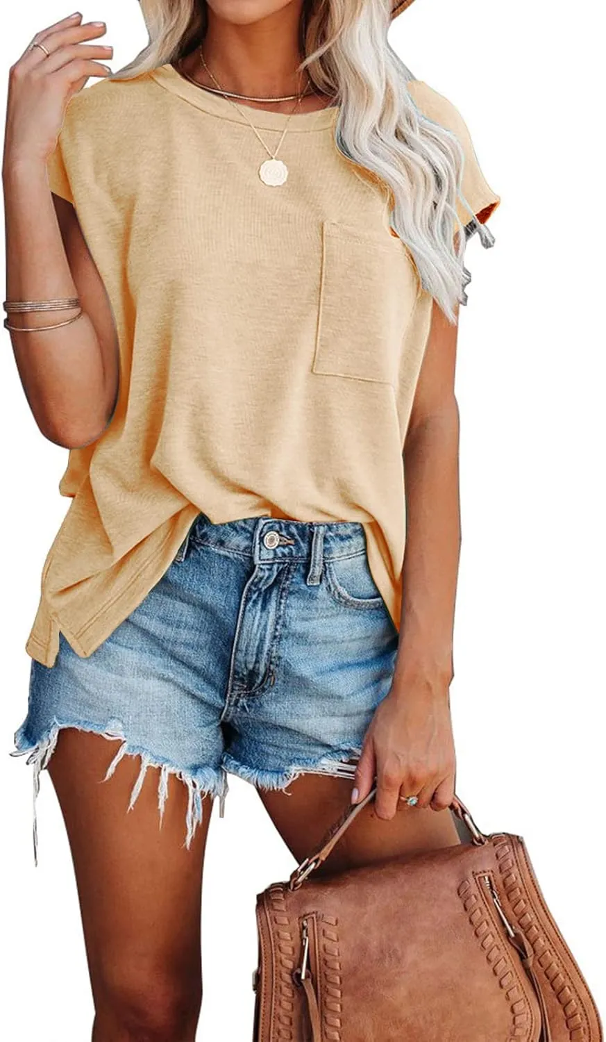 ANCAPELION Women’s Casual Summer Shirt Short Sleeve Round Neck T-Shirt Basic Tee Tunic Top Fit Loose with Pocket