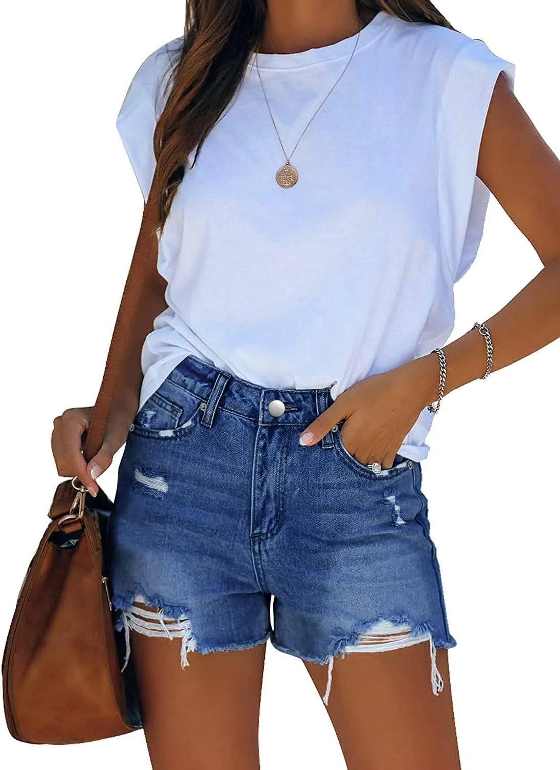 Angerella Women's Denim Shorts Mid Rise Ripped Jean Short