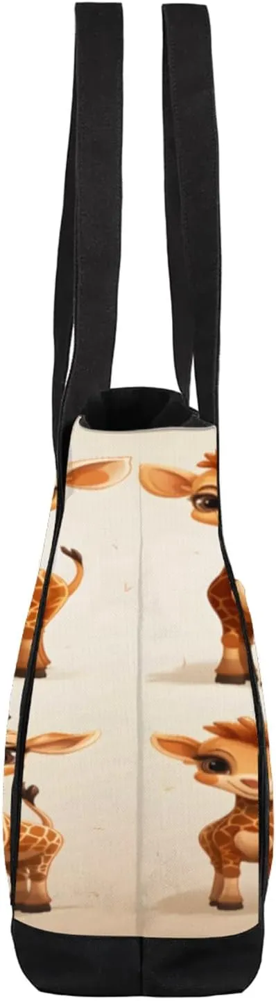 Animal Giraffe Canvas Tote Bag Casual Shoulder Handbag Large Shopping Bags With 5 Pocket Carry On Weekender Backpack