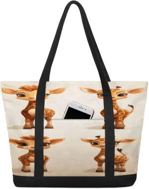 Animal Giraffe Canvas Tote Bag Casual Shoulder Handbag Large Shopping Bags With 5 Pocket Carry On Weekender Backpack