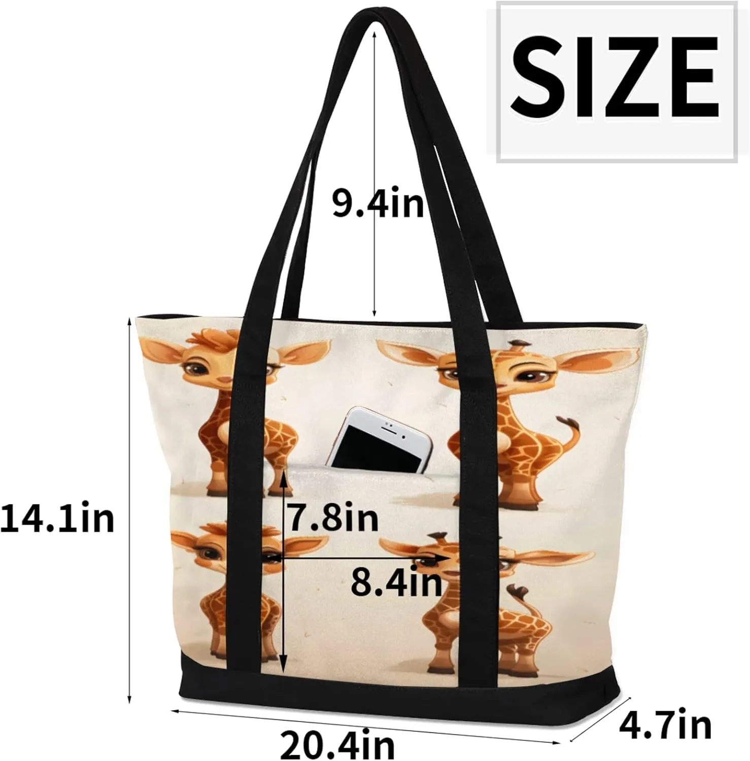 Animal Giraffe Canvas Tote Bag Casual Shoulder Handbag Large Shopping Bags With 5 Pocket Carry On Weekender Backpack