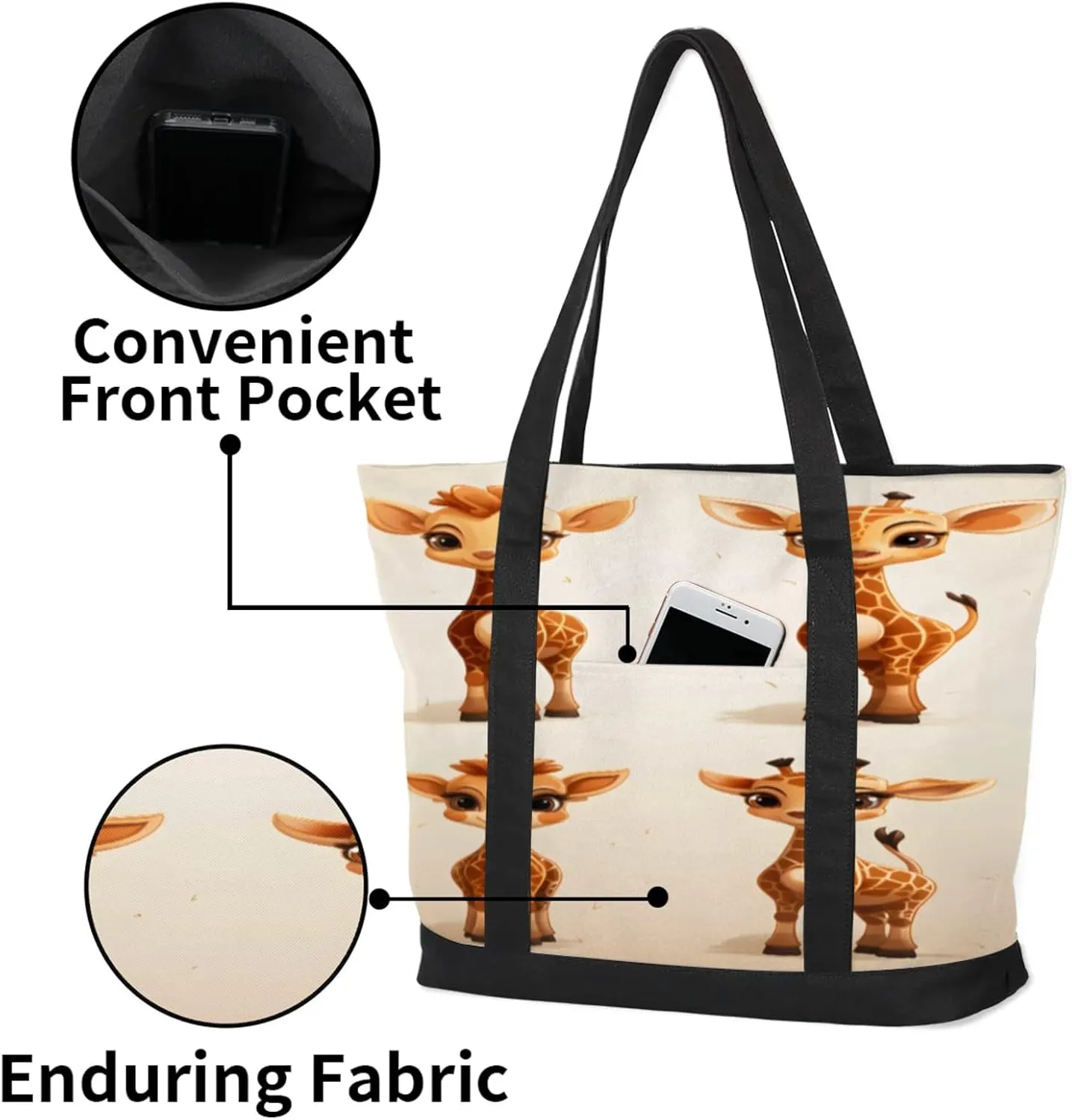 Animal Giraffe Canvas Tote Bag Casual Shoulder Handbag Large Shopping Bags With 5 Pocket Carry On Weekender Backpack