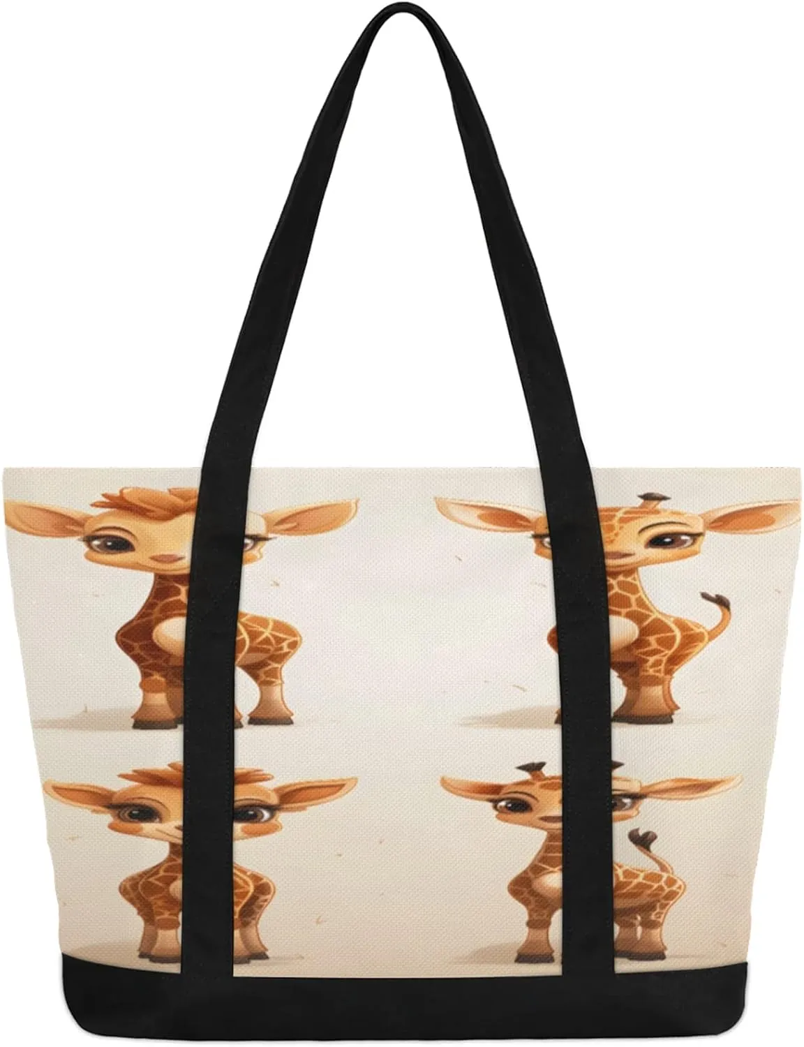 Animal Giraffe Canvas Tote Bag Casual Shoulder Handbag Large Shopping Bags With 5 Pocket Carry On Weekender Backpack